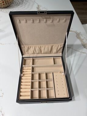 Black Jewelry Organizer Box with Beige Suede Interior